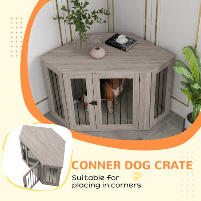 Corner Furniture End Table Kennel with Cushion Pet Crate for Large Sized Dog Indoor Use Walnut Brown